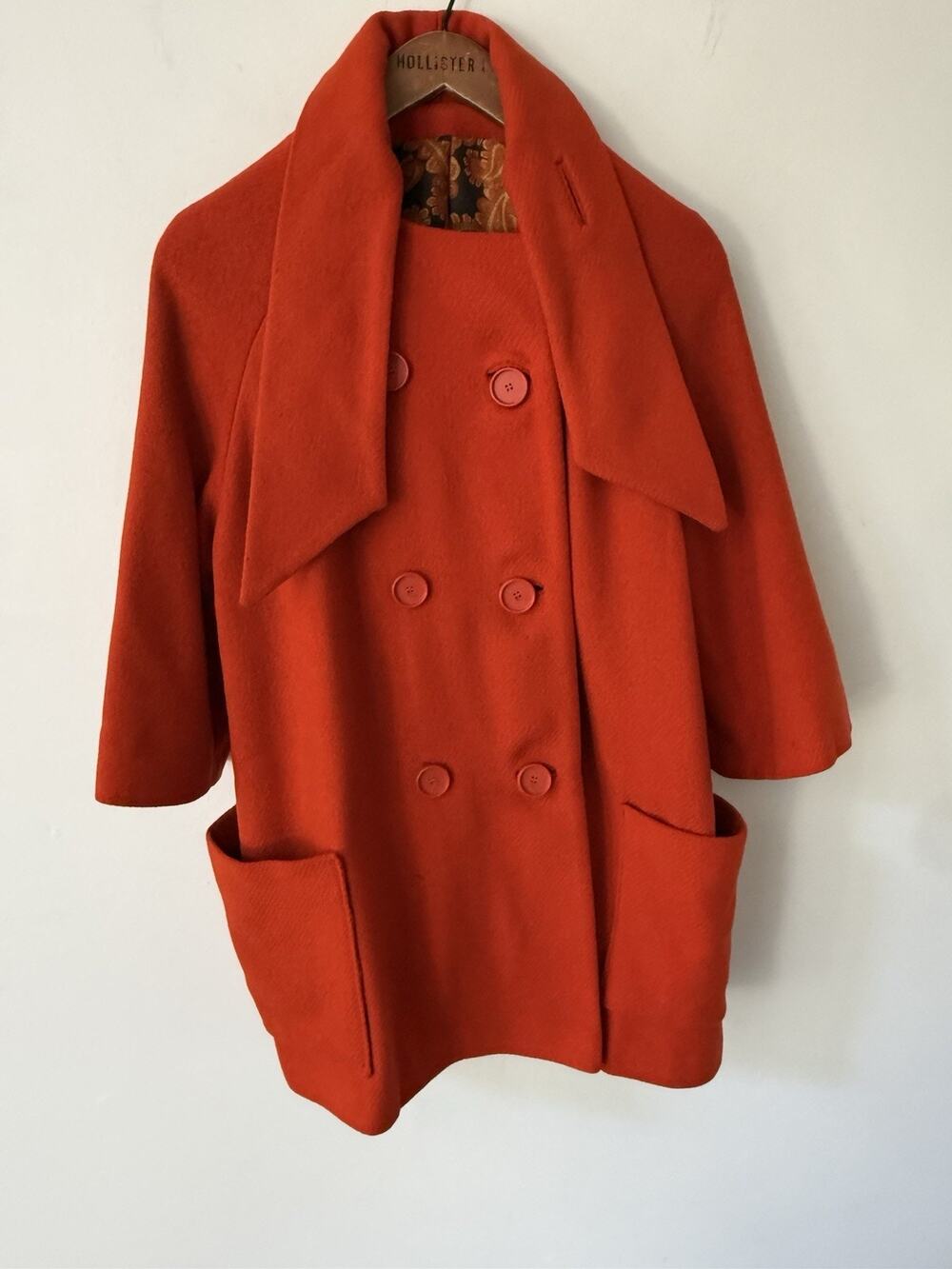 Vintage Womens Wool Blend Button Pea Coat Scarf Collar Orange Classic Old Money